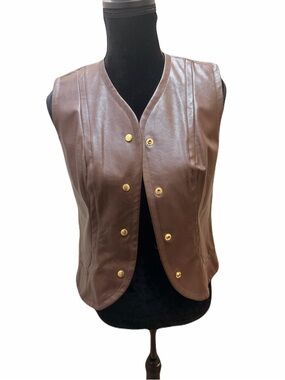 VINTAGE 70s Joseph Magnin Brown Leather Snap-Front Vest size small /medium